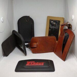 Lot of 6 Leather, Suede, Vinyl Name Luggage Tags Name ID Cards - Brown Tan Black